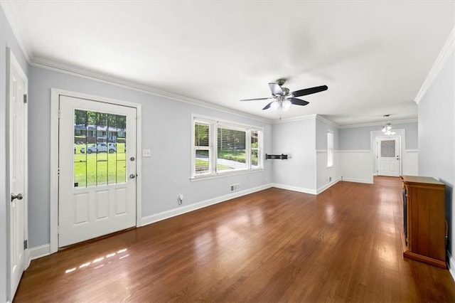2100 Shady Ln, Tucker, GA 30084 - unfurnished living room featuring wood finished floors, a ceiling fan, ornamental molding, and baseboards