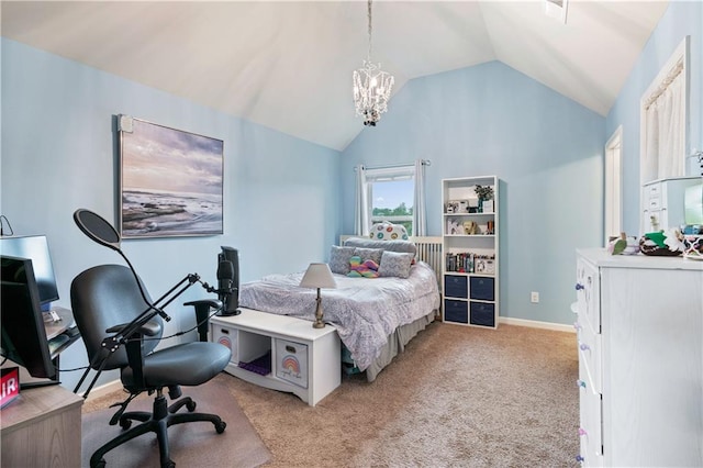 carpeted bedroom with a chandelier and vaulted ceiling