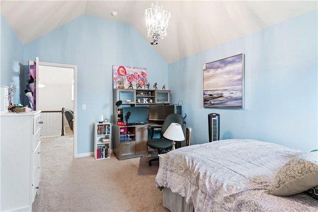 bedroom with lofted ceiling, light carpet, and a notable chandelier