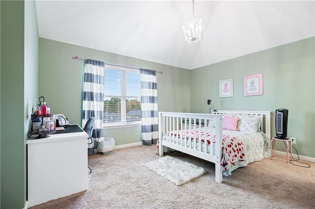 bedroom featuring an inviting chandelier, lofted ceiling, and carpet