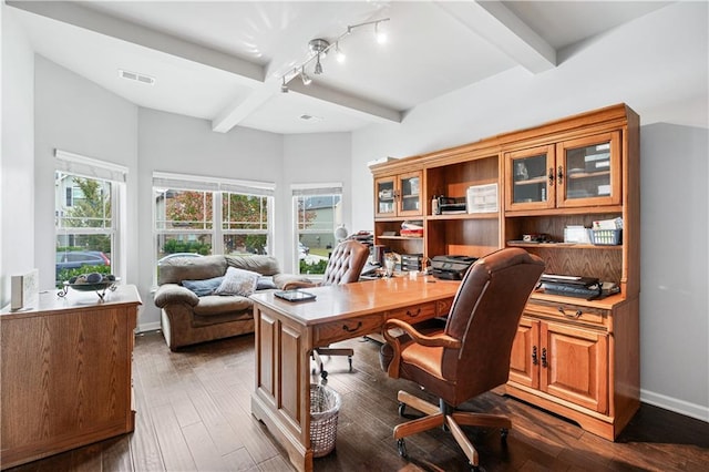 office area featuring dark wood-type flooring and beamed ceiling