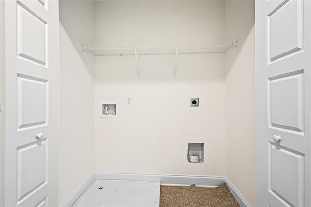 laundry room featuring washer hookup, baseboards, hookup for an electric dryer, and carpet floors