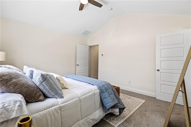 carpeted bedroom featuring vaulted ceiling, ceiling fan, and baseboards