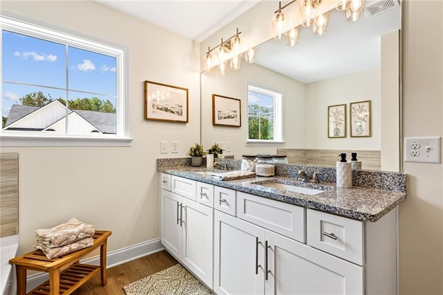 bathroom featuring wood finished floors, double vanity, and baseboards