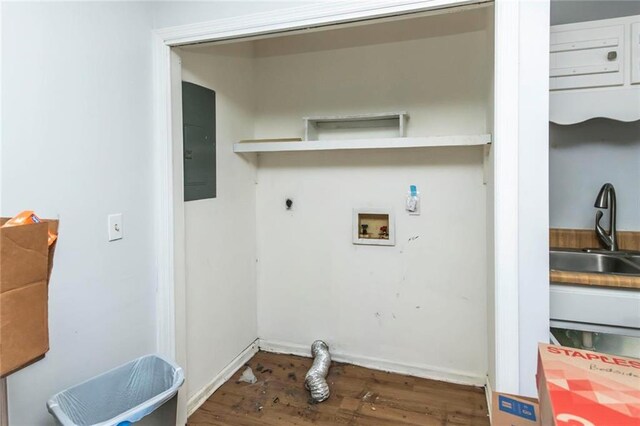 57 George Byrom Rd, Newnan, GA 30263 - washroom with electric panel, wood finished floors, hookup for an electric dryer, a sink, and washer hookup