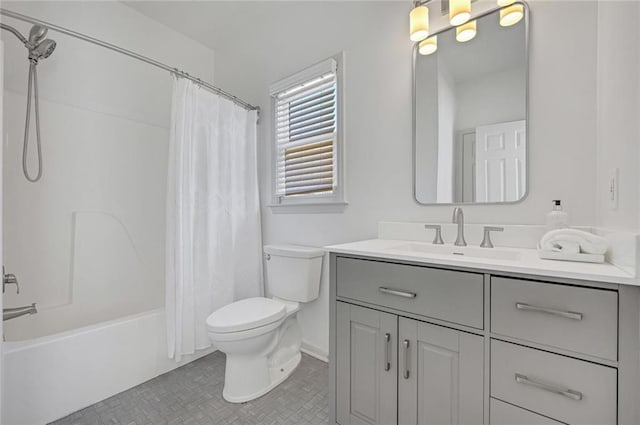 full bathroom with tile patterned floors, toilet, vanity, a notable chandelier, and shower / bath combination with curtain