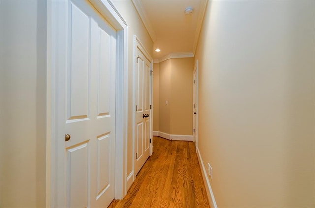 hallway featuring crown molding and light hardwood / wood-style flooring