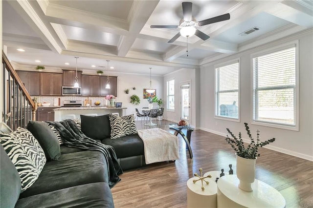2021 Adam Acres Dr, Lawrenceville, GA 30043 - living room with a ceiling fan, visible vents, wood finished floors, coffered ceiling, and beam ceiling