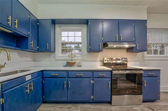 kitchen featuring electric range, blue cabinets, and sink