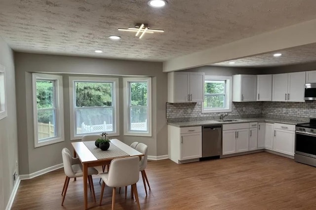 1516 Chase Ct, Riverdale, GA 30296 - kitchen featuring appliances with stainless steel finishes, tasteful backsplash, white cabinets, wood finished floors, and recessed lighting