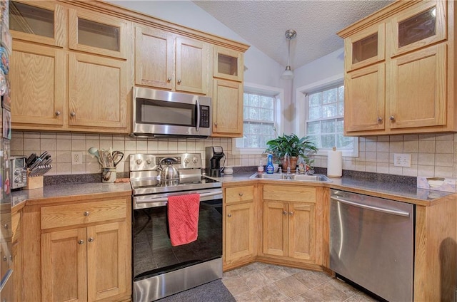 kitchen with lofted ceiling, stainless steel appliances, sink, and decorative backsplash