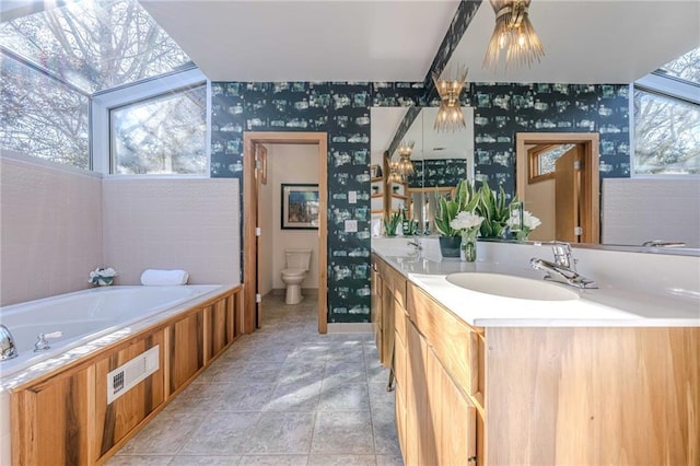 bathroom featuring a wealth of natural light, toilet, vanity, and a bath