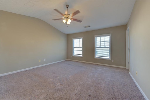 922 Gardenia Curv, Canton, GA 30114 - spare room with ceiling fan, visible vents, vaulted ceiling, carpet floors, and baseboards