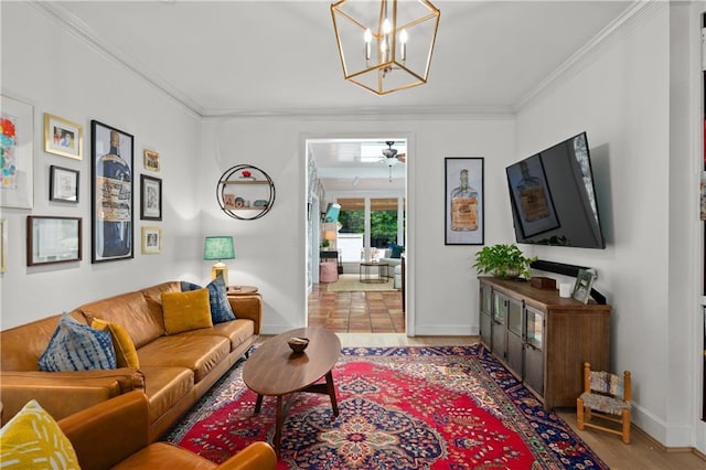 5545 Cross Gate Ct, Atlanta, GA 30327 - living room with ornamental molding, wood finished floors, a chandelier, baseboards, and ceiling fan