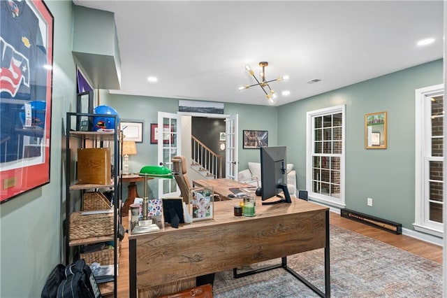 5545 Cross Gate Ct, Atlanta, GA 30327 - office area with wood finished floors, recessed lighting, a chandelier, and baseboards