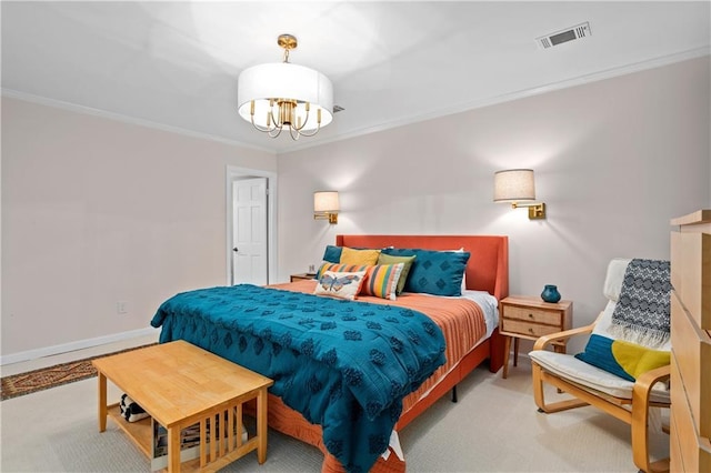 5545 Cross Gate Ct, Atlanta, GA 30327 - bedroom with crown molding, a chandelier, light colored carpet, and baseboards
