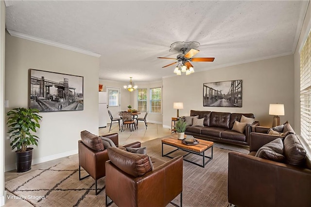 89 Cottonwood Loop, Dallas, GA 30132 - living area featuring a chandelier, ceiling fan, ornamental molding, and a textured ceiling