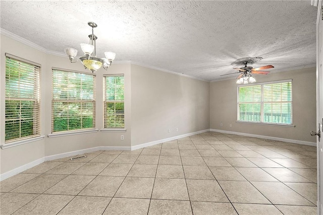 89 Cottonwood Loop, Dallas, GA 30132 - spare room featuring a chandelier, a ceiling fan, ornamental molding, a textured ceiling, and light tile patterned floors