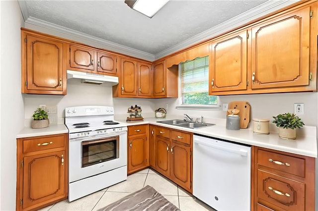 89 Cottonwood Loop, Dallas, GA 30132 - kitchen with white appliances, under cabinet range hood, crown molding, light countertops, and light tile patterned floors