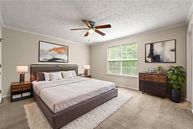 89 Cottonwood Loop, Dallas, GA 30132 - bedroom with light colored carpet, crown molding, a ceiling fan, and a textured ceiling