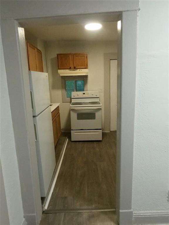 kitchen with dark hardwood / wood-style floors and white appliances