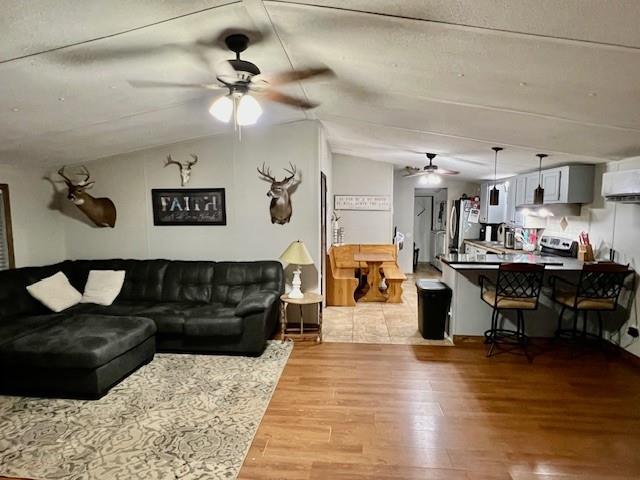 9262 Morrison Rd, Lula, GA 30554 - living room featuring ceiling fan, vaulted ceiling, and light wood-type flooring