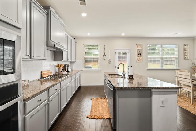 kitchen with a center island with sink, sink, a healthy amount of sunlight, dark hardwood / wood-style flooring, and stainless steel appliances