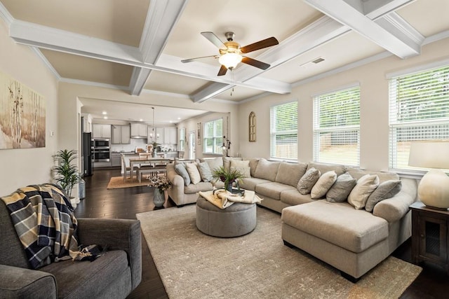 living room featuring dark wood-type flooring, crown molding, ceiling fan, and a healthy amount of sunlight