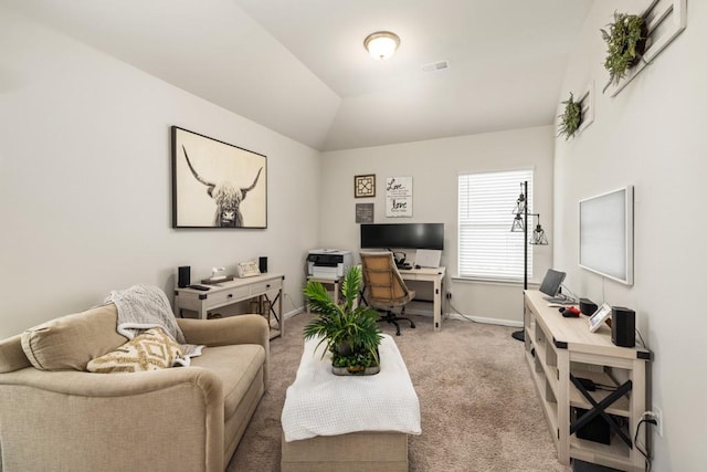 living room with light carpet and lofted ceiling