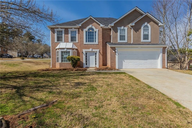 view of front facade with a garage, a front lawn, concrete driveway, and brick siding