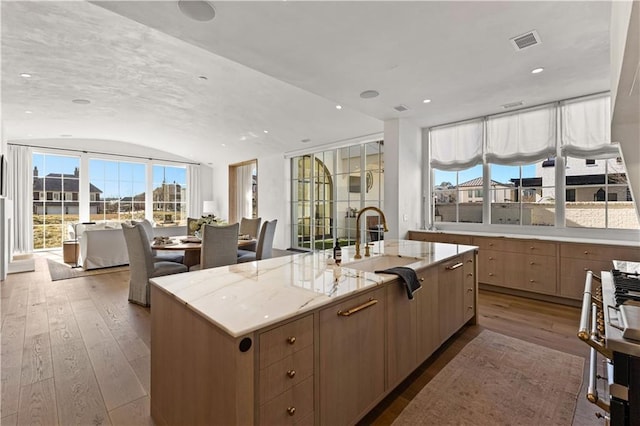 kitchen with lofted ceiling, sink, light hardwood / wood-style flooring, light brown cabinets, and an island with sink