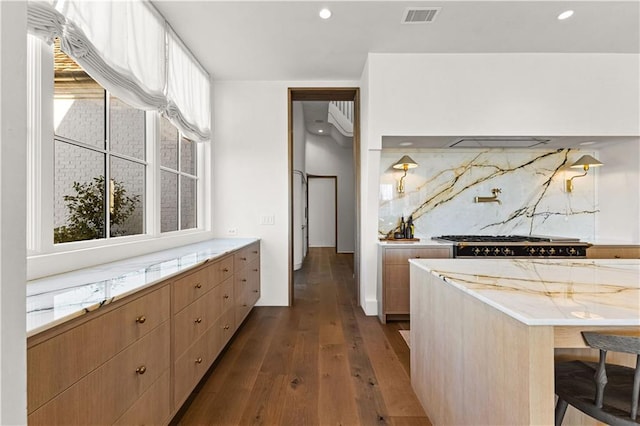 kitchen featuring tasteful backsplash, a wealth of natural light, a kitchen breakfast bar, and dark hardwood / wood-style floors