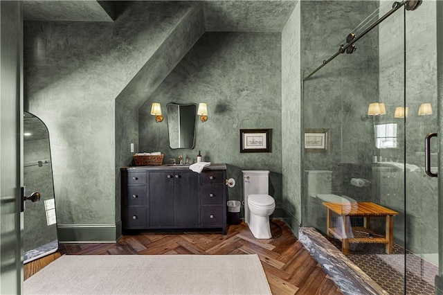 bathroom featuring a high ceiling, vanity, parquet floors, a shower with shower door, and toilet