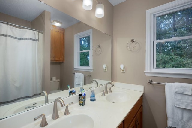 bathroom with a healthy amount of sunlight, vanity, and toilet