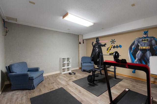 workout area featuring a textured ceiling and light hardwood / wood-style floors