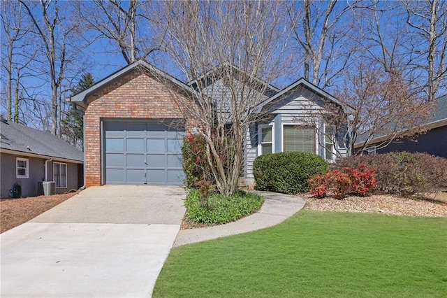 ranch-style home featuring driveway, a front yard, brick siding, and an attached garage