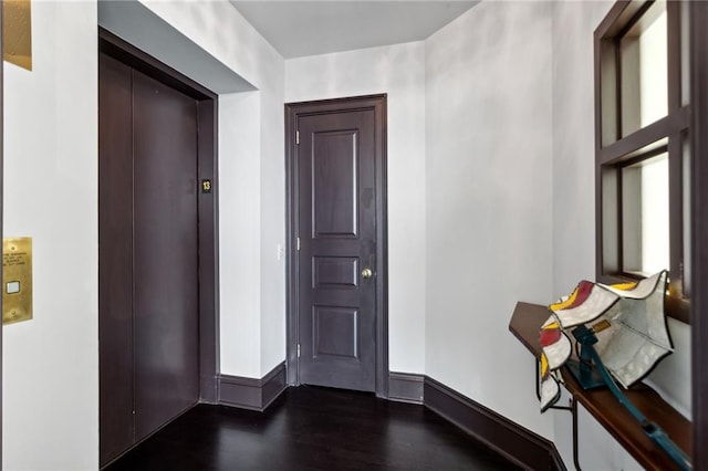 corridor with elevator and dark hardwood / wood-style flooring