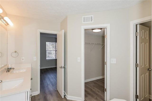 bathroom with vanity, wood-type flooring, and a textured ceiling