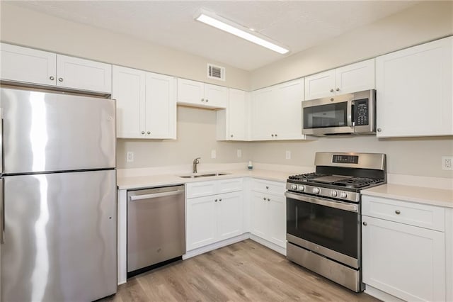 kitchen featuring appliances with stainless steel finishes, sink, white cabinets, and light hardwood / wood-style floors