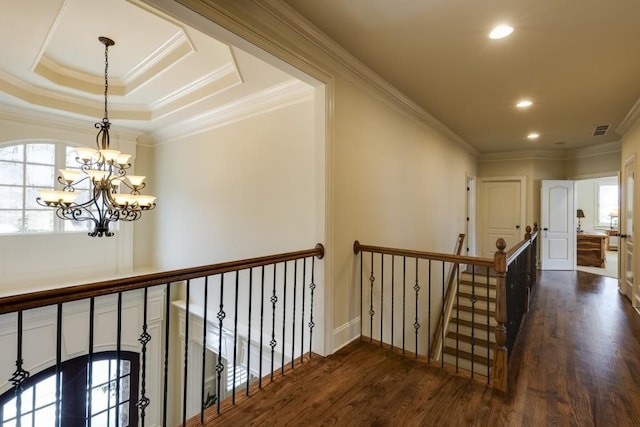 5284 Vernon Springs Trl, Sandy Springs, GA 30327 - corridor featuring dark wood-style floors, a chandelier, ornamental molding, recessed lighting, and baseboards