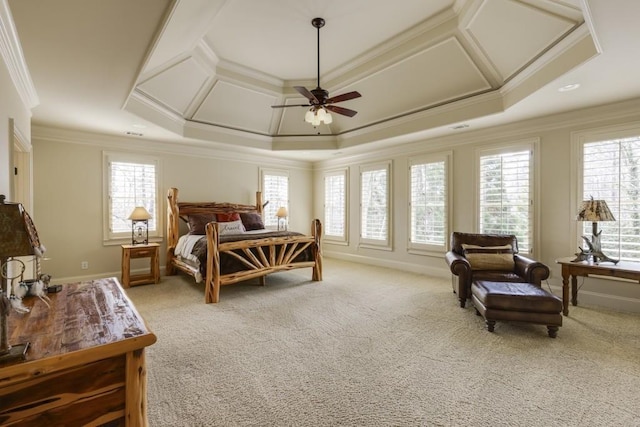 5284 Vernon Springs Trl, Sandy Springs, GA 30327 - bedroom with ornamental molding, multiple windows, light colored carpet, a tray ceiling, and baseboards