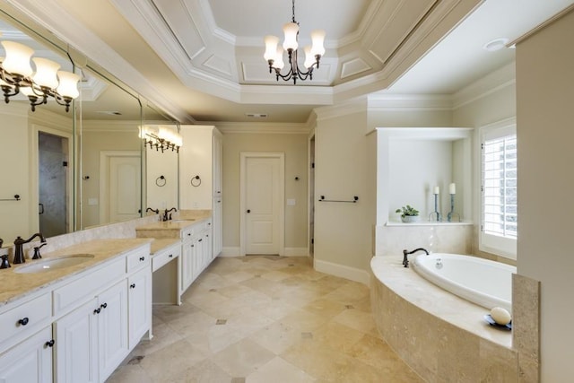 5284 Vernon Springs Trl, Sandy Springs, GA 30327 - full bathroom with a chandelier, two vanities, a garden tub, a stall shower, and crown molding