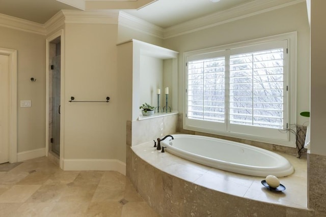 5284 Vernon Springs Trl, Sandy Springs, GA 30327 - bathroom featuring a garden tub, crown molding, and a stall shower