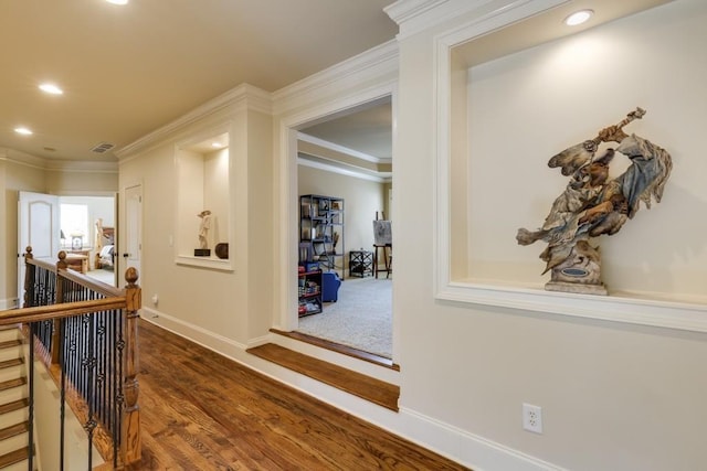 5284 Vernon Springs Trl, Sandy Springs, GA 30327 - hallway with an upstairs landing, ornamental molding, dark wood-style floors, recessed lighting, and baseboards