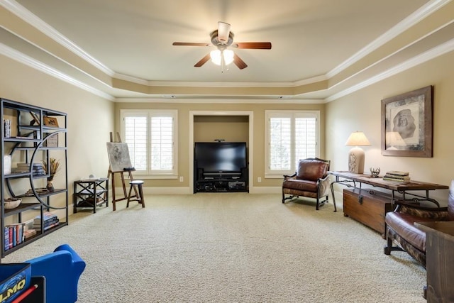 5284 Vernon Springs Trl, Sandy Springs, GA 30327 - living area with a raised ceiling, ceiling fan, crown molding, plenty of natural light, and carpet floors