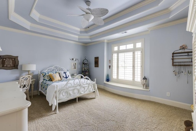 5284 Vernon Springs Trl, Sandy Springs, GA 30327 - carpeted bedroom featuring a tray ceiling, crown molding, ceiling fan, and baseboards