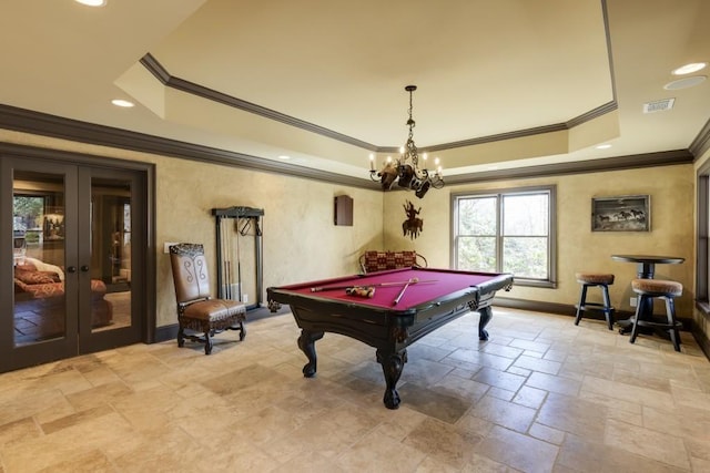 5284 Vernon Springs Trl, Sandy Springs, GA 30327 - game room featuring a tray ceiling, crown molding, billiards table, stone tile flooring, and a chandelier