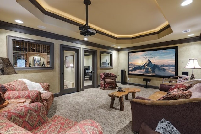 5284 Vernon Springs Trl, Sandy Springs, GA 30327 - carpeted cinema with ornamental molding, a tray ceiling, and recessed lighting