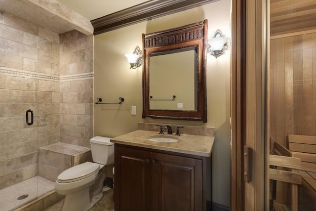 5284 Vernon Springs Trl, Sandy Springs, GA 30327 - bathroom with toilet, a shower stall, vanity, and crown molding