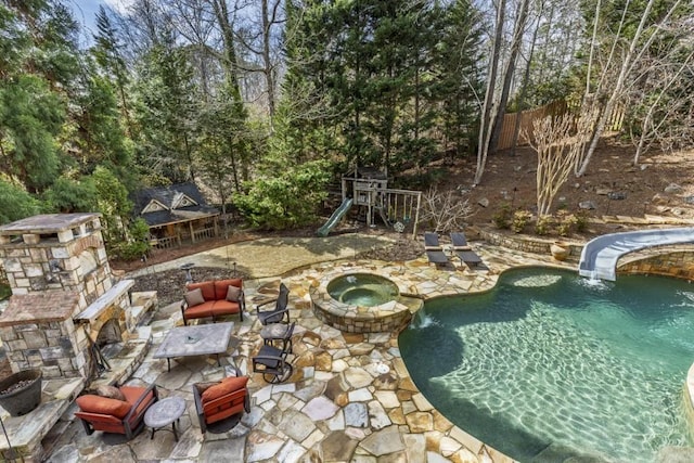 5284 Vernon Springs Trl, Sandy Springs, GA 30327 - view of pool featuring a patio, a pool with connected hot tub, and a playground